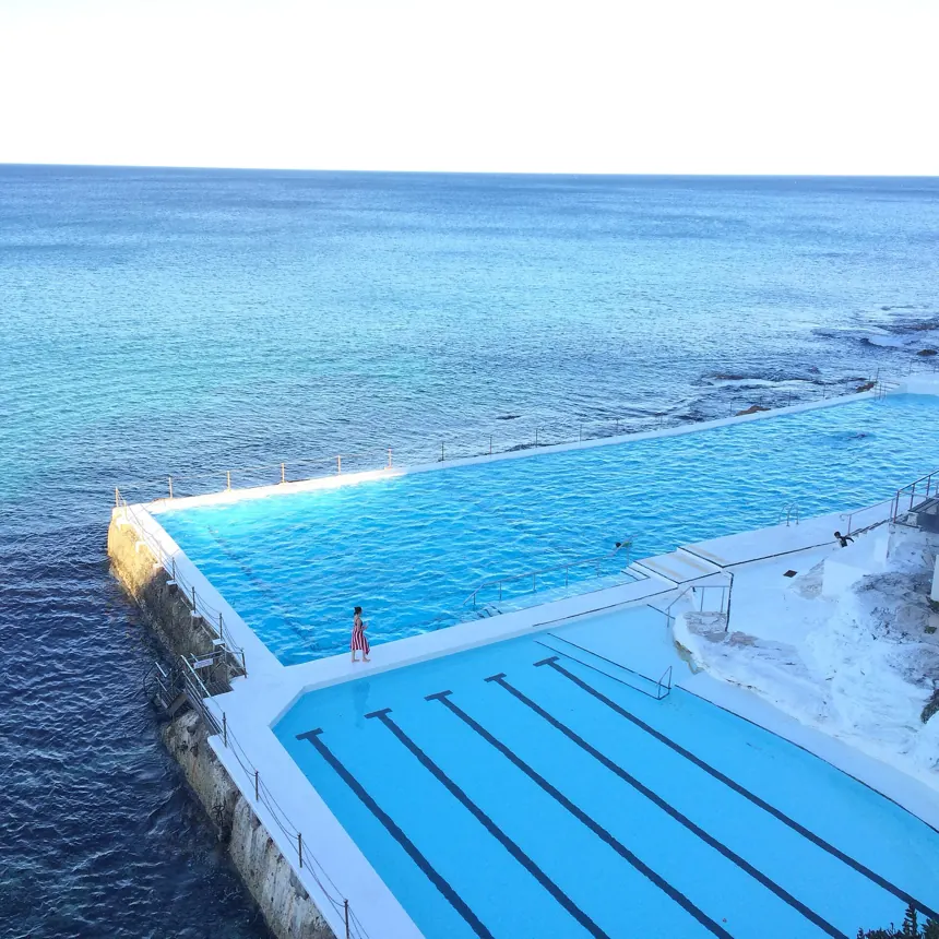 An ocean pool at the edge of open water, where a new knit starts its test